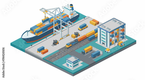 An isometric illustration depicting a bustling cargo shipping port with trucks, containers, and a ship, showcasing the efficiency and complexity of modern logistics and transportation.