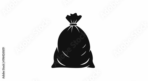 Simple black silhouette of a tied trash bag on a white background