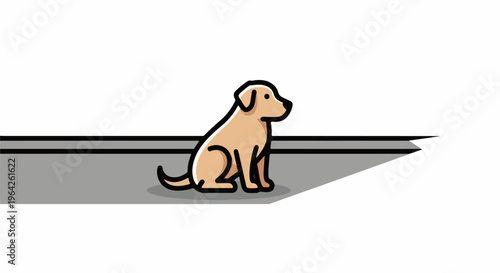 Simple cartoon dog sitting on a grey path casting a shadow