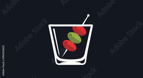 Simple graphic of a martini glass with three olives on a pick