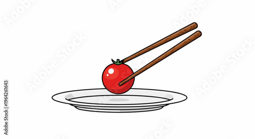 Simple illustration of a cherry tomato held by chopsticks above a white plate