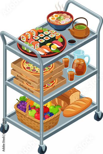 An appealing illustration of a cart trolley filled with various delicious foods, showcasing a delightful assortment that evokes appetite and culinary creativity.