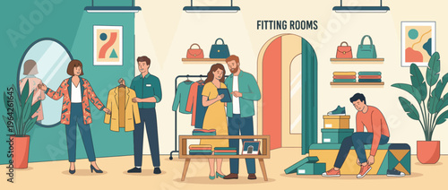 A lively boutique scene shows shoppers interacting and trying on stylish clothes, capturing the essence of modern retail therapy, fashion choices, and social experiences.