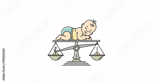 Sleeping baby rests on a balancing scale with dishes holding small objects