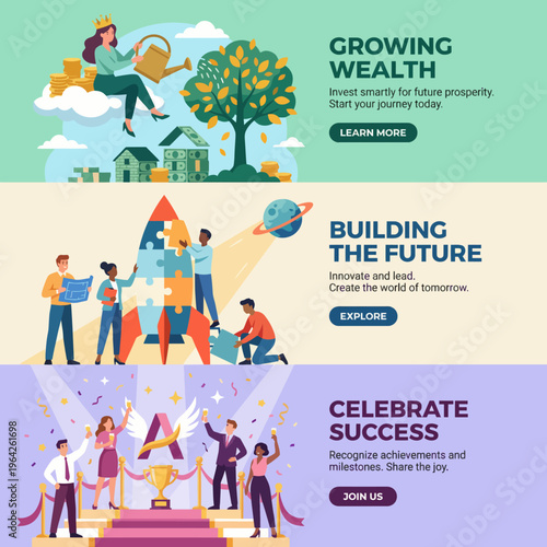 This motivational image illustrates scenes representing wealth building, innovative growth, and celebrating achievements, inspiring viewers to envision their success journey.