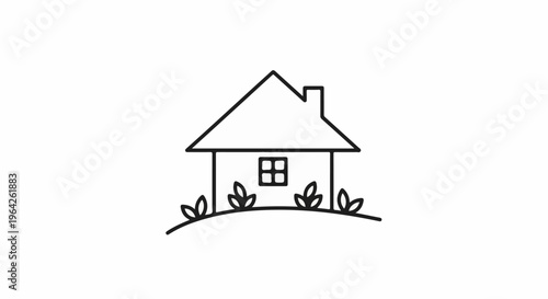 Simple line drawing of a house with a chimney and window on a hill with plants