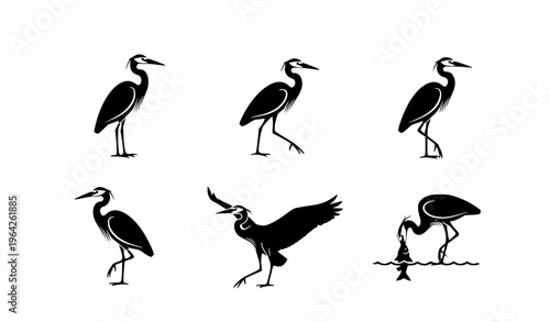 Minimal Heron Bird Icons Silhouette Flying Fishing Vector Set