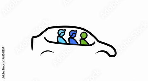 Simple line art shows three abstract figures in a car