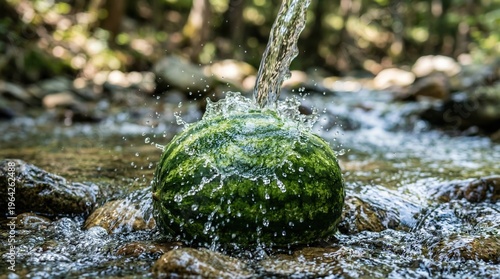 Whole Watermelon Being Splashed By Fresh Stream Water On Rocky Forest Creek Bed