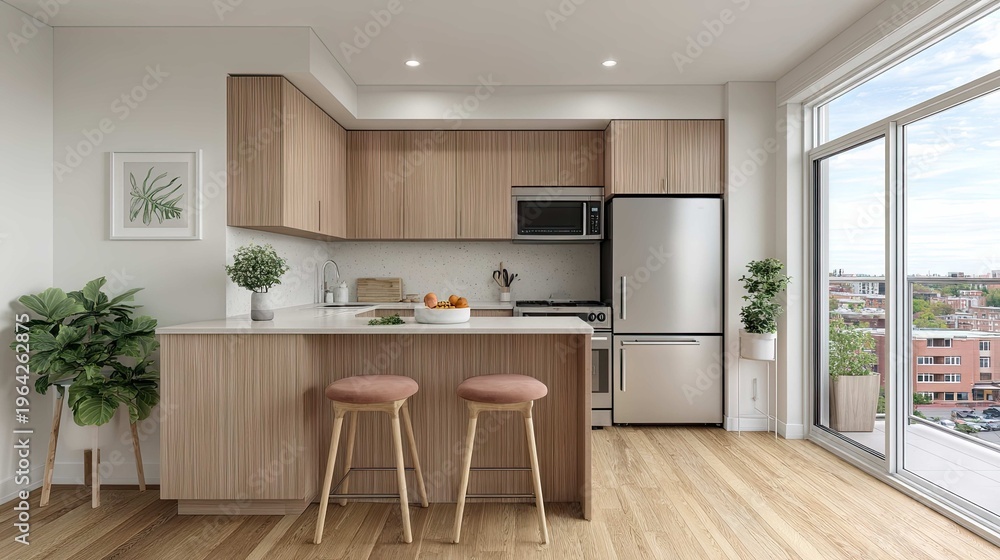 Fototapeta premium Modern Minimalist Kitchen Interior with Bright Natural Light and Stylish Wood Accents