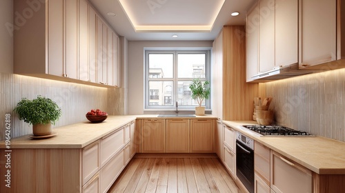 Modern Minimalist Kitchen Design Featuring Warm Wood Cabinets and Bright Natural Light, Ideal for Contemporary Interiors