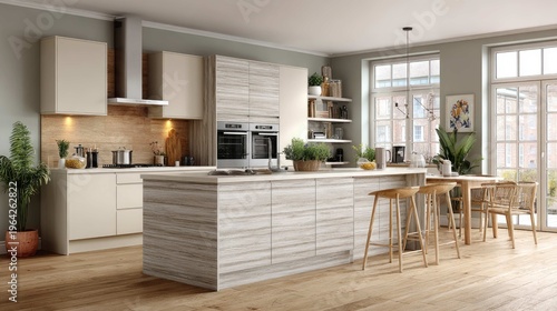 Modern spacious kitchen design with light wood accents, large island, and natural sunlight pouring through windows