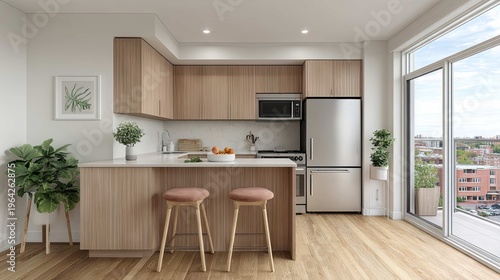 Modern Minimalist Kitchen Interior with Bright Natural Light and Stylish Wood Accents