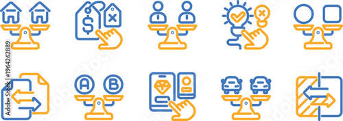 Illustrations of balance scales depicting various thematic comparisons and concepts