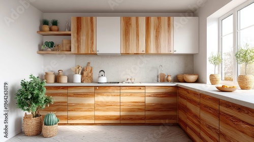 Modern Kitchen Design with Natural Wood Cabinets and Bright Windows Enhancing the Cozy Atmosphere