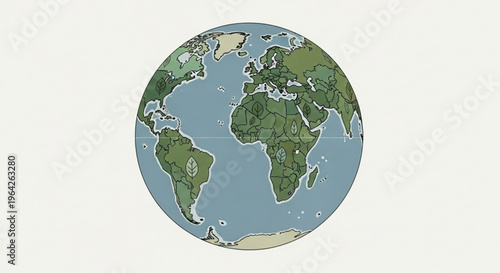 Earth globe centered on africa and europe with green continents and blue oceans on white background