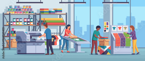 Explore the hustle of a contemporary print shop where professionals actively engage in printing, packing, and showcasing a variety of colorful products and materials.