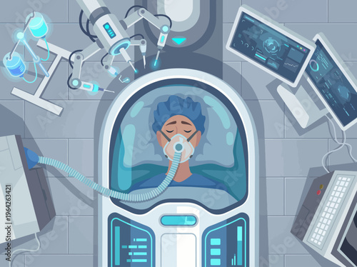A high-tech medical facility scene depicting a patient inside an advanced medical pod, symbolizing modern healthcare and the impact of technology on medicine.