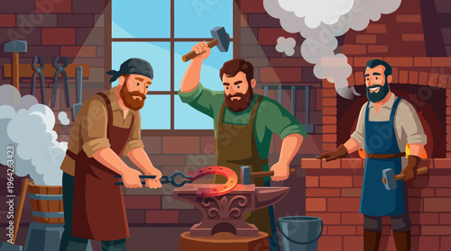 In a vibrant blacksmith's forge, three skilled craftsmen are forging metal horseshoes, showcasing teamwork and traditional craftsmanship in an artistic and dynamic setting filled with smoke.