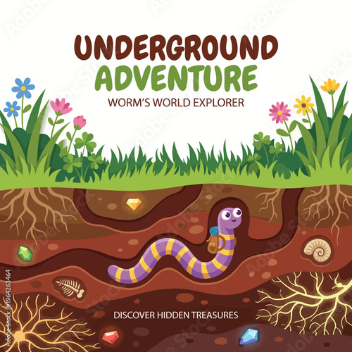 A playful illustration of a worm navigating through the underground environment, showcasing the adventure and discovery of hidden treasures beneath the earth.
