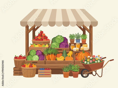 This image showcases a vibrant produce stall at a farmers market, filled with fresh fruits, vegetables, and plants, promoting local agriculture and healthy eating choices.