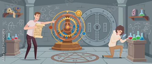 An artistic depiction of a mysterious alchemy lab, featuring two scientists exploring experiments, combining elements of science and magic in a creative and imaginative setting.