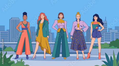 This vibrant image showcases five fashionable women with diverse styles, representing empowerment and modernity against a city skyline, conveying confidence and individuality.