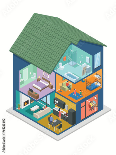 A colorful cross-section illustration of a modern family home, showcasing various rooms and activities representing the warmth and love within family life.
