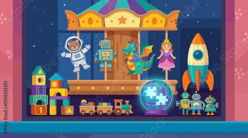 A whimsical display of colorful toys, including a carousel, robots, and plush animals, fosters imagination and joy in children, creating a playful and vibrant atmosphere.