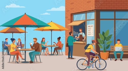 A vibrant outdoor cafe scene showcasing customers enjoying their meals under colorful umbrellas, with a takeout window in action, creating a lively atmosphere.