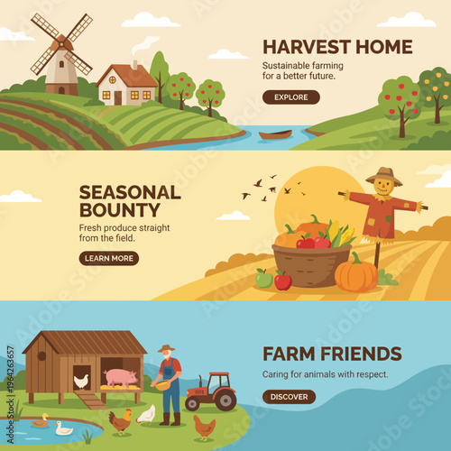 A picturesque farm scene features windmill, crops, and a scarecrow, promoting sustainable farming practices while highlighting the beauty of nature and harvest.