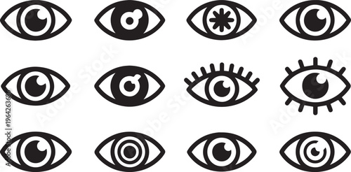 Collection of twelve diverse eye icons and symbols