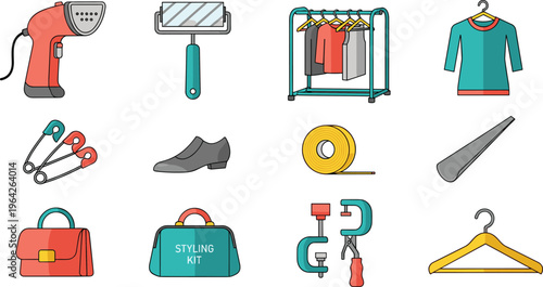 Clothing Styling and Fashion Tools Vector Set Including Iron, Hanger, Shoes, Kit, Tape, and More for Fashion Design and Styling Projects
