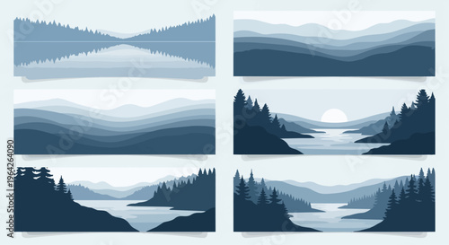 Panoramic mountain and water landscapes in shades of blue