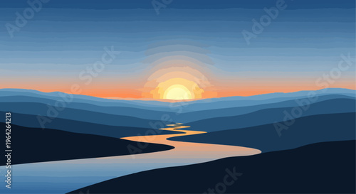 Sunrise over river and mountains scenic landscape illustration