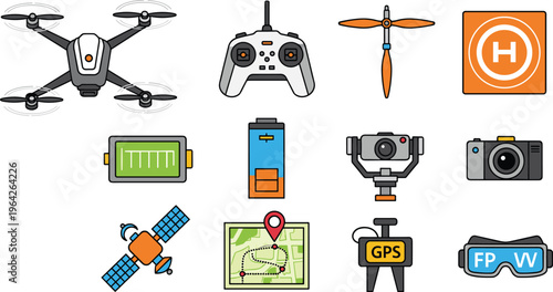 Drone and Aerial Photography Equipment Vector Set Including Drone, Controller, Battery, GPS, Camera, and More for UAV and Flight Designs