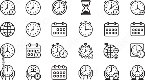 Collection of various time related icons including clocks and calendars