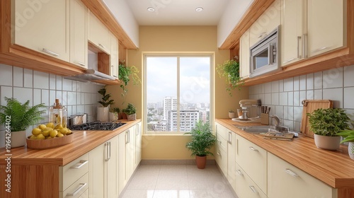 Bright and Modern Kitchen Interior with Scenic City View and Elegant Design Elements, Showcasing Warm Tones and Abundant Greenery
