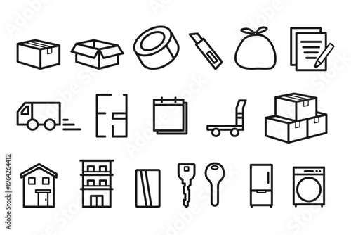新生活 引っ越し 梱包 不動産 手続き 線画アイコン　18個セット