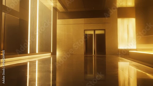 Modern interior hall featuring minimalist architecture and a reflective floor illuminated by vertical golden strip lights, creating an atmosphere of opulence and high tech design