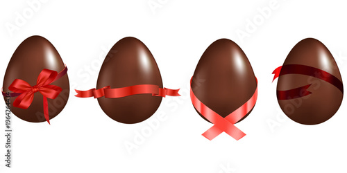 Realistic Chocolate Easter Eggs With Shiny Red Ribbon Easter 3D Egg Vector Template on a Transparent Background