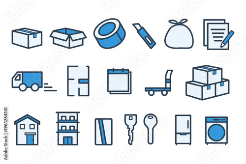 新生活 引っ越し 梱包 不動産 手続き 線画アイコン　ブルーカラー 18個セット