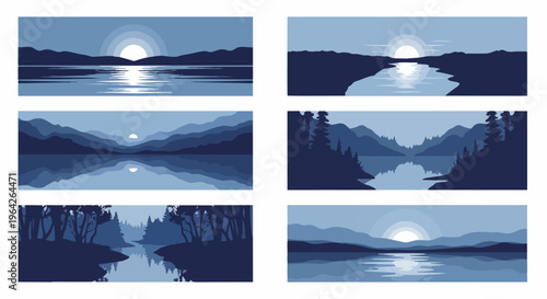 Tranquil landscape scenes depicting rivers lakes and mountains at dawn