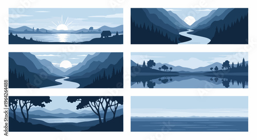 Tranquil landscape scenes depicting rivers mountains and lakes in shades of blue