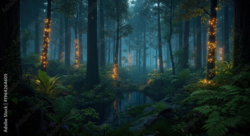 Fototapeta premium Enchanted forest scene with glowing lights and reflections in the water