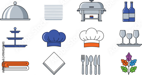 Restaurant and Catering Service Equipment Vector Set Including Chef Hats, Plates, Glasses, Buffet, and More for Hospitality Designs