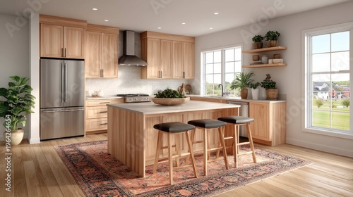Modern kitchen interior design with wooden cabinetry and natural light in open concept space