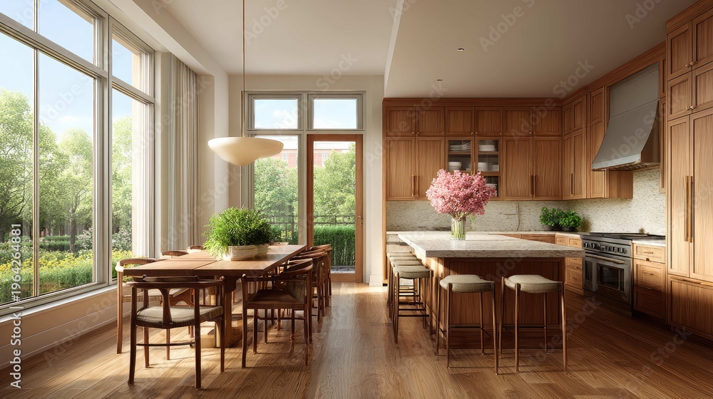 Fototapeta premium Modern kitchen and dining area with wooden cabinets, natural light, flower centerpiece, and spacious layout in bright space