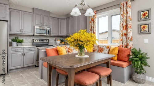 Cozy Modern Kitchen with Bright Floral Accents, Stylish Dining Table, Fresh Flowers, and Inviting Atmosphere