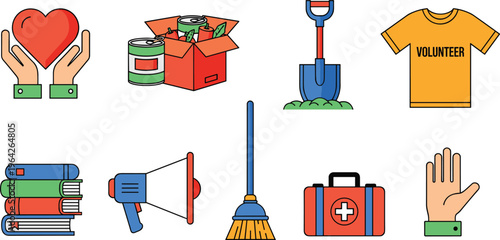 Volunteer and Charity Tools Vector Set Including Heart, Donation Box, Shovel, First Aid Kit, Books, and More for Community and Social Work Designs